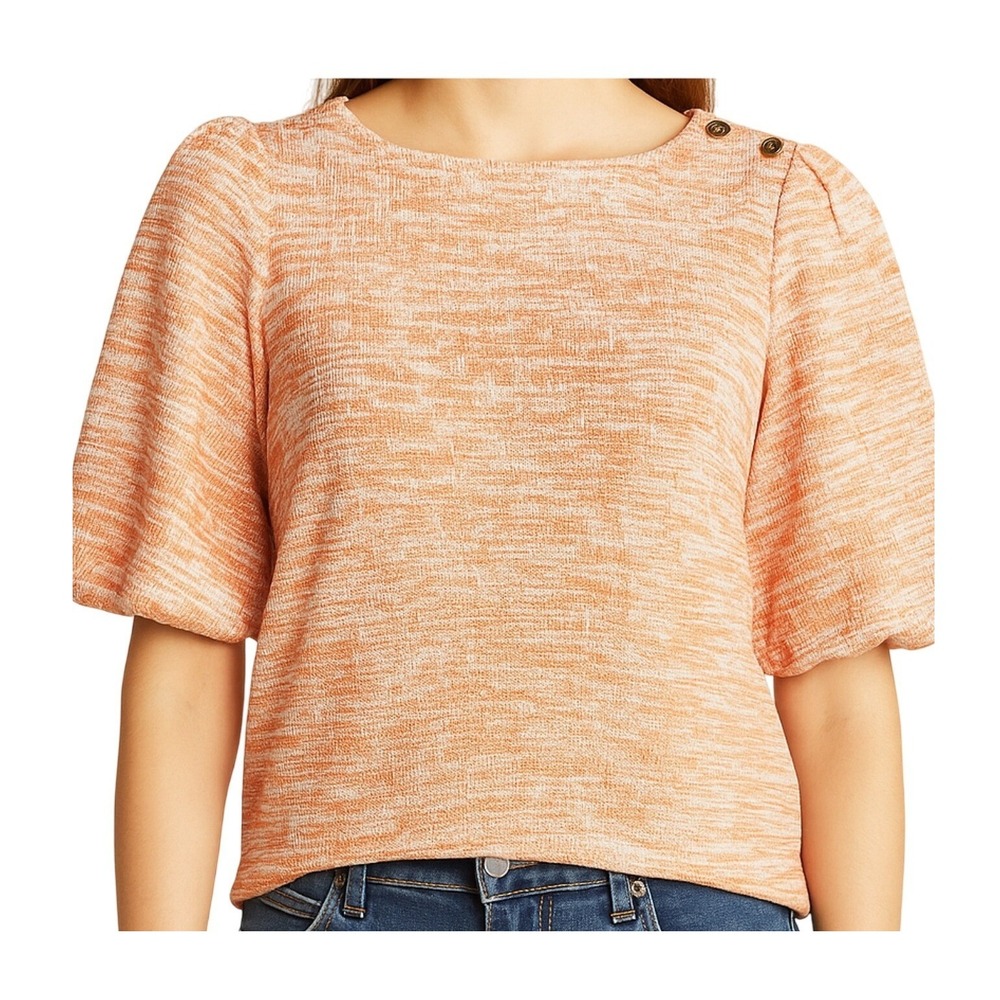 Melloday Knit Top M Orange White Puff Sleeve Tweed Cottagecore Boat Neck Classic - Picture 1 of 14